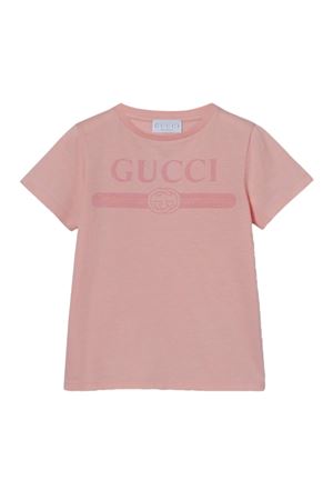 T-shirt in cotone rosa con stampa GUCCI KIDS | 547559XJHO55967